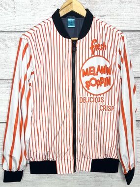 Melanin Poppin Red & White Striped Zip Up Bomber Jacket Men’s Size Small